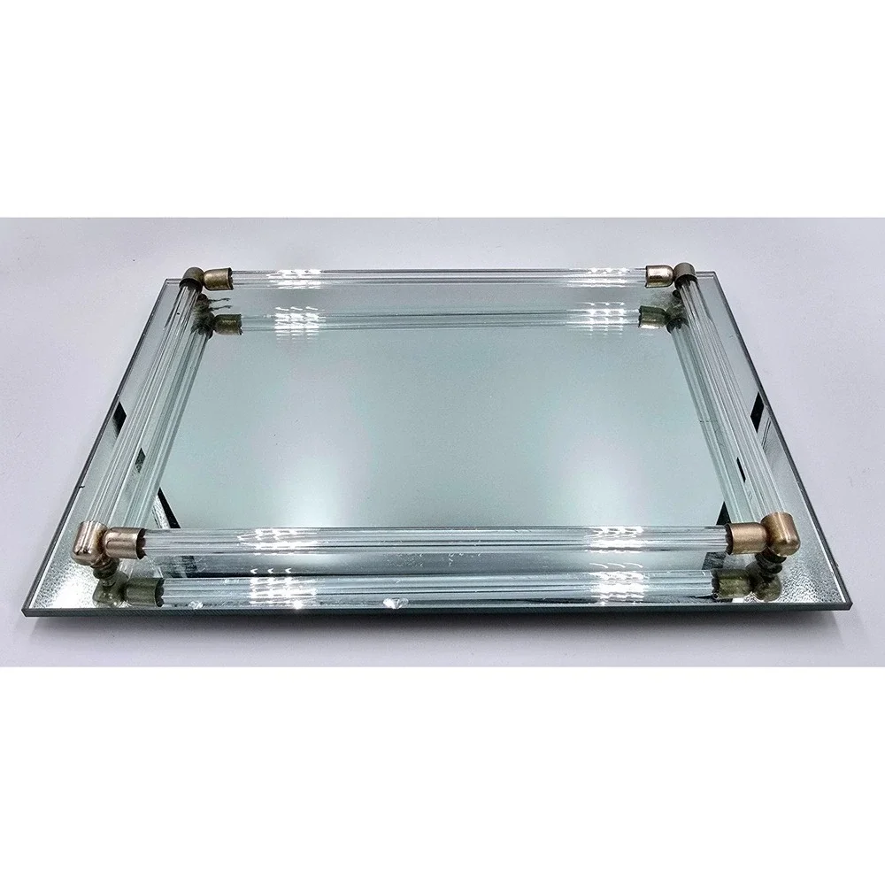 Vintage Hollywood Regency Mirrored Vanity Rectangular Lucite Rod Handles Brass